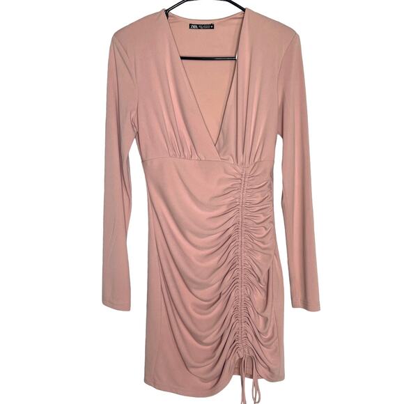 Zara M Pale Pink Ruched Draped Stretch Dress Bodycon Long Sleeve Wrap Neck - Picture 1 of 6